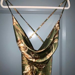 Sage green with brow and tan florals